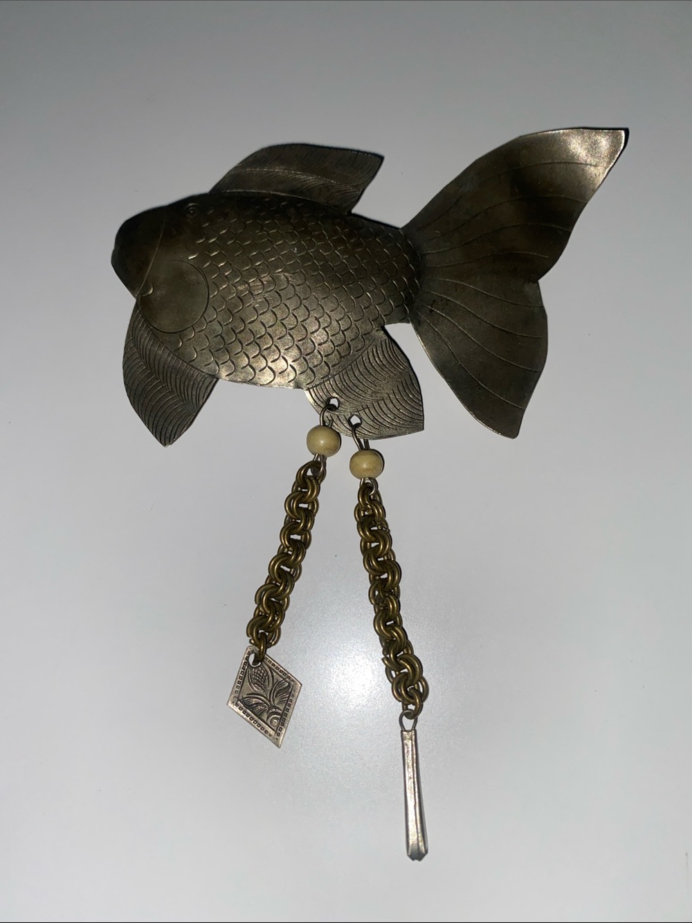 Vintage Brass Fish Wall Ornament with Hanging Charms - Brass Color
